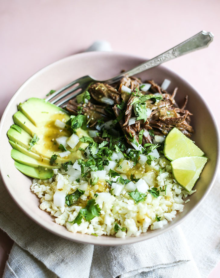 ketogenic dinner recipes: salsa verde shredded beef bowls