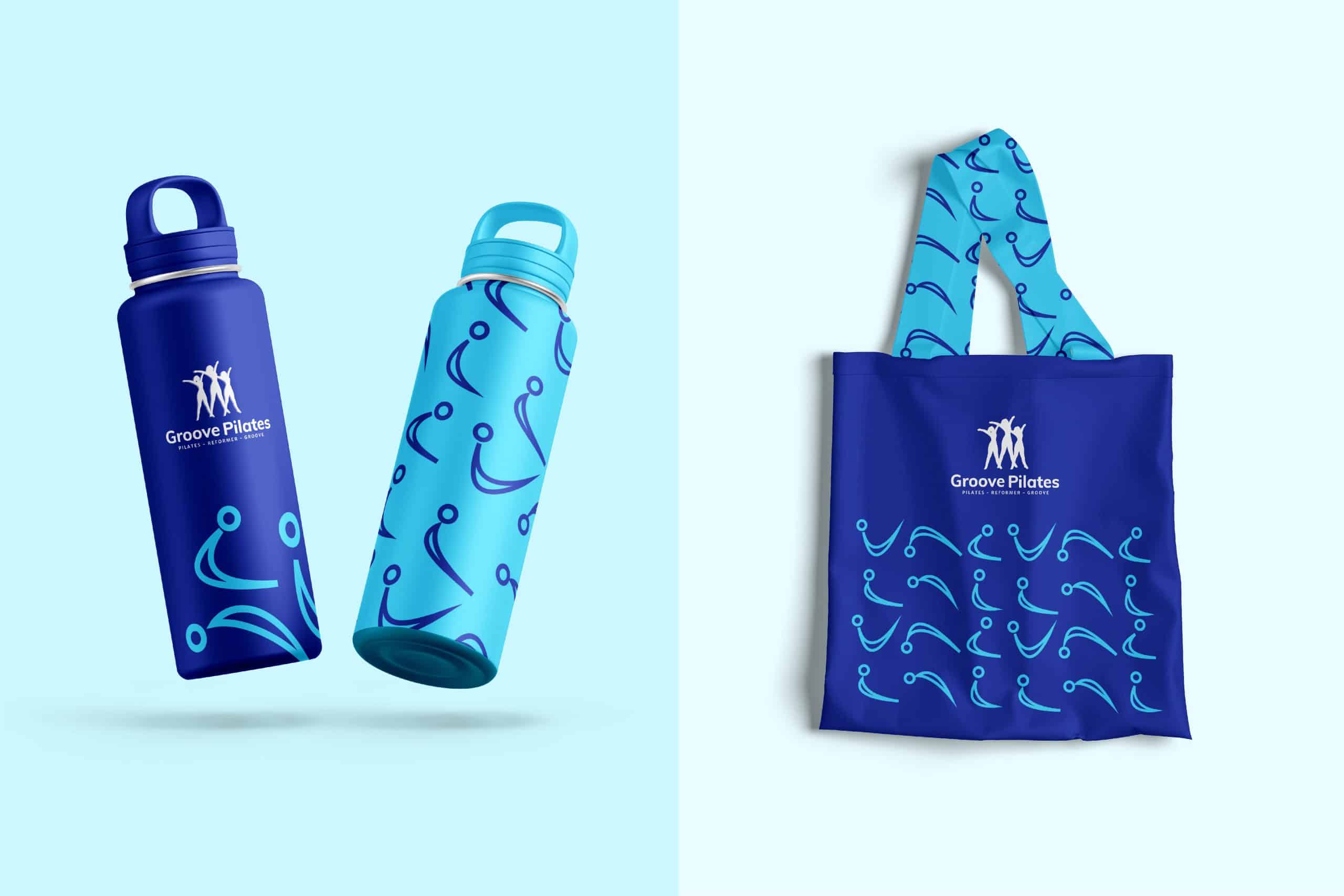 a blue bag and a blue water bottle.