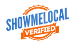 A circular badge with an orange outline reads "SHOWMELOCAL VERIFIED" in blue and orange text, showcasing a mark of trust for any digital marketing agency.