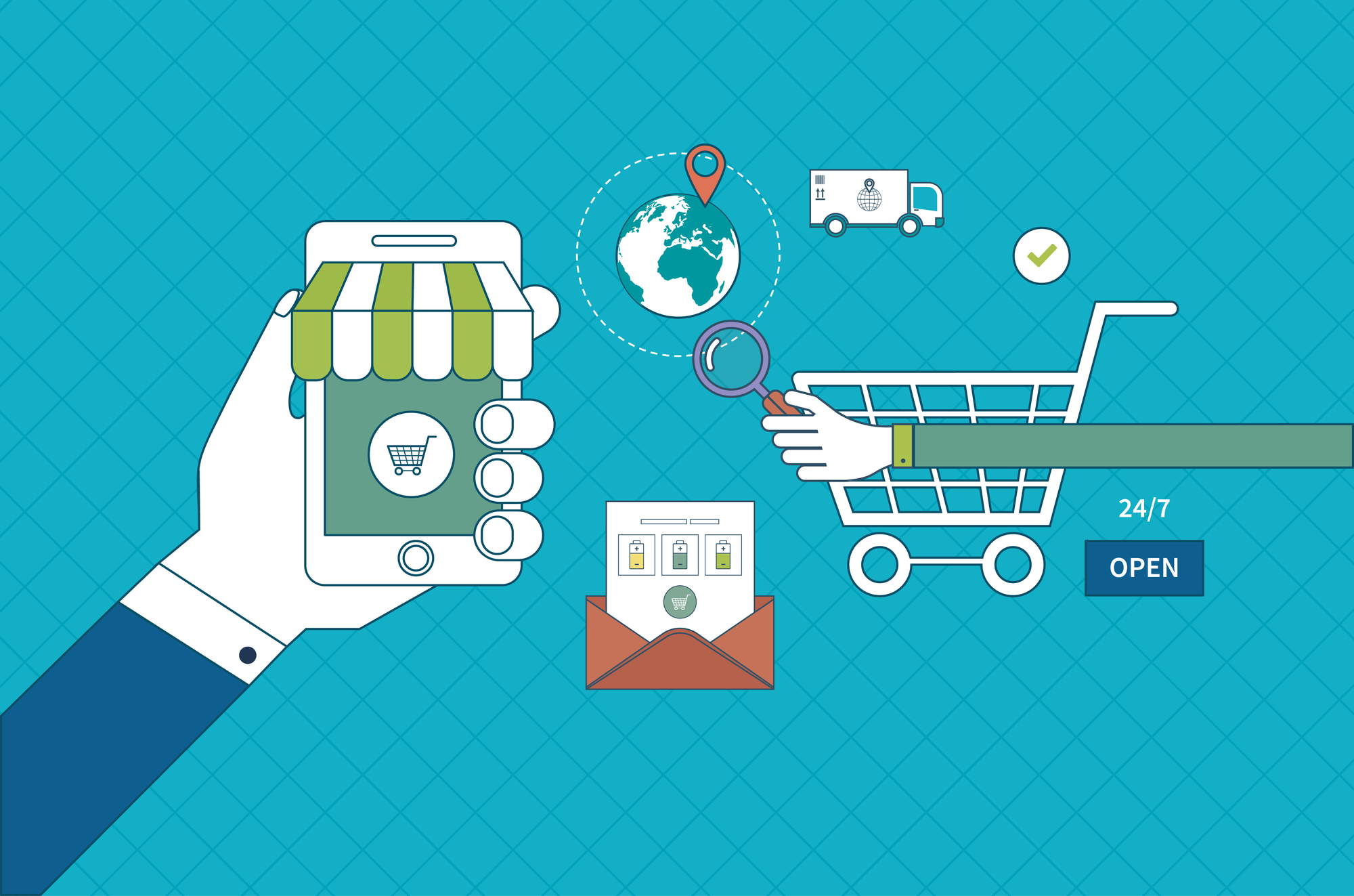 Illustration of e-commerce and SEO, highlighting mobile shopping, global reach, and product optimization.