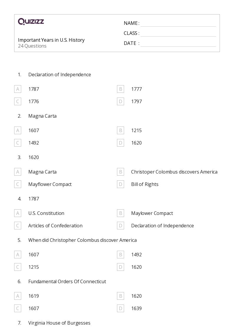 Important Years in U.S. History - Printable Social-studies Worksheets - Quizizz