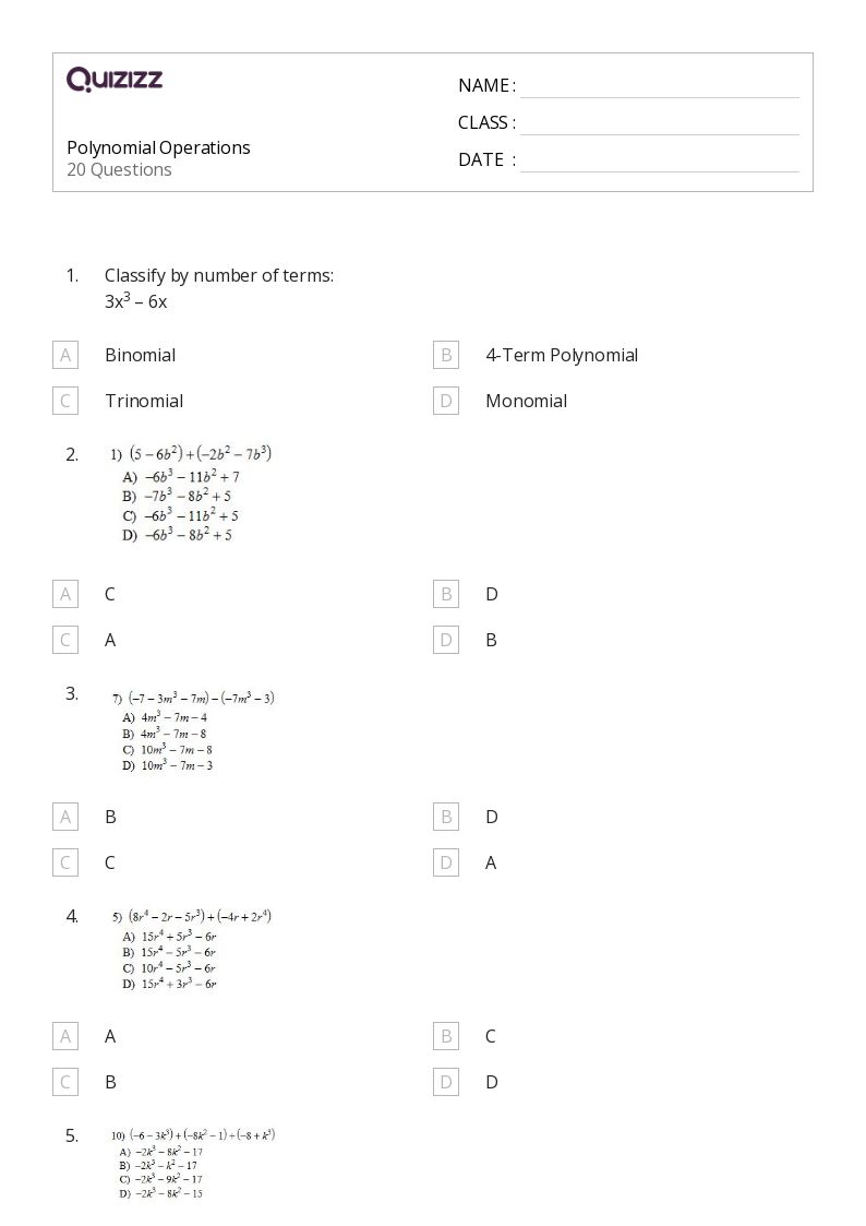 Polynomial Operations - Printable Math Worksheets - Quizizz