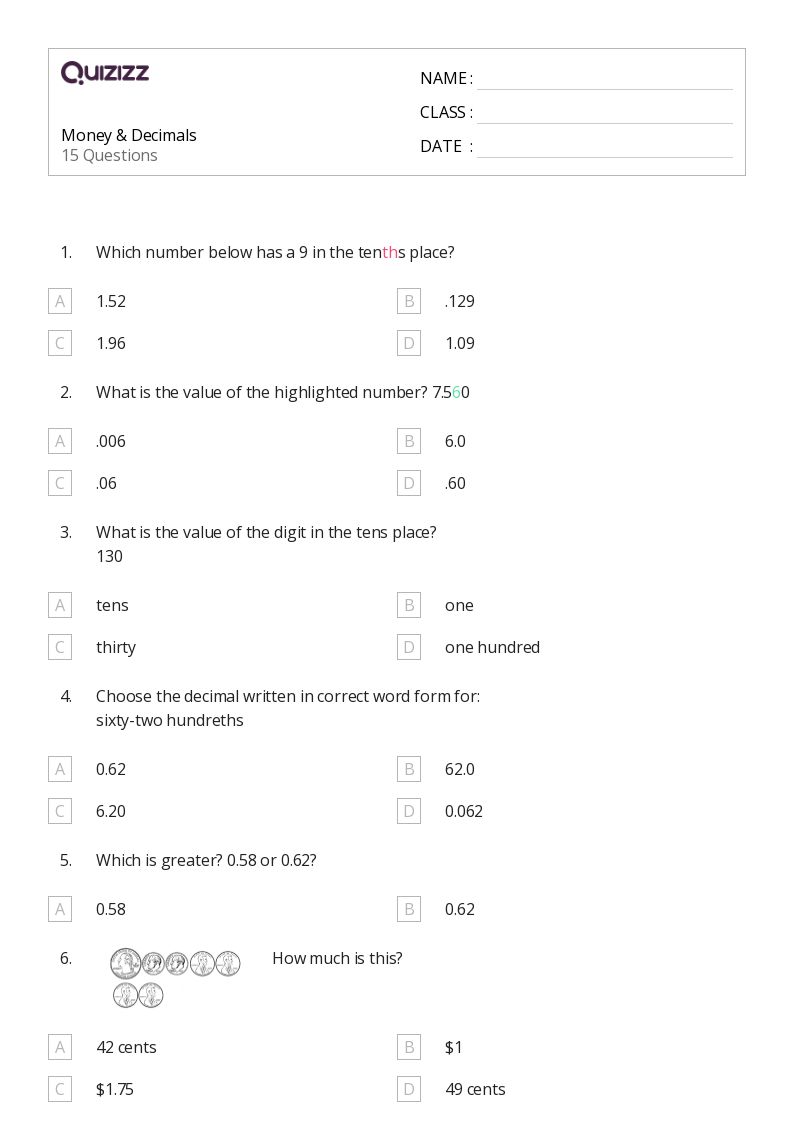 Money & Decimals - Printable Decimal-numbers Worksheets Grade 3 - Quizizz