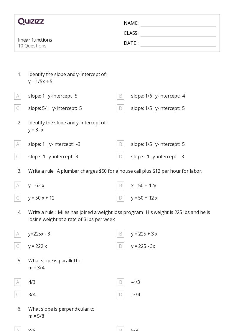 linear functions - Printable Linear-functions Worksheets Grade 9 - Quizizz