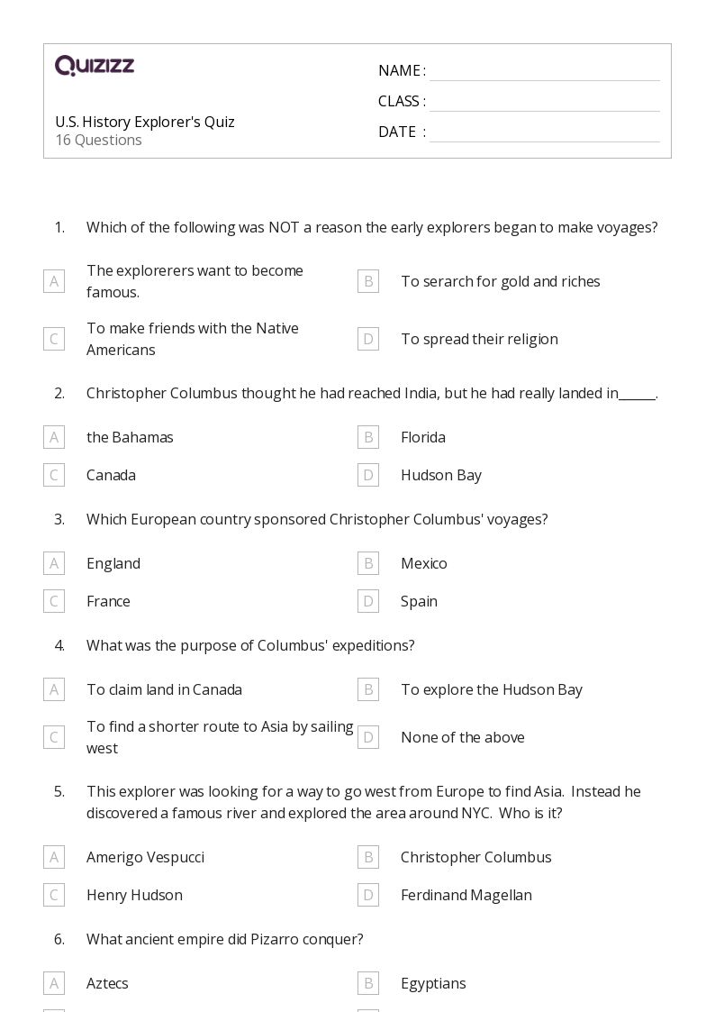 U.S. History Explorer's Quiz - Printable Social-studies Worksheets Grade 7 - Quizizz