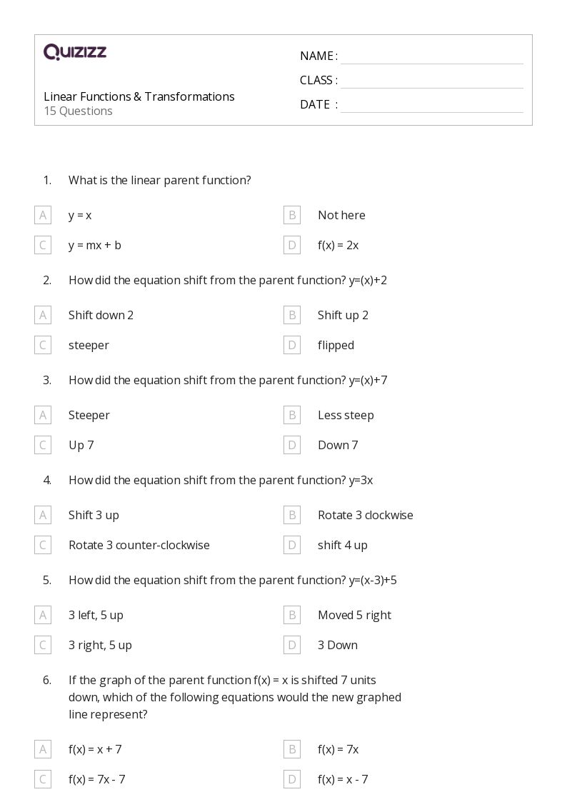 Linear Functions & Transformations - Printable Linear-functions Worksheets Grade 9 - Quizizz