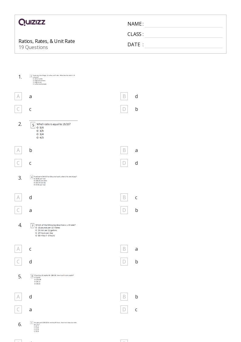 Ratios, Rates, & Unit Rate - Printable Percents-ratios-and-rates Worksheets Grade 8 - Quizizz