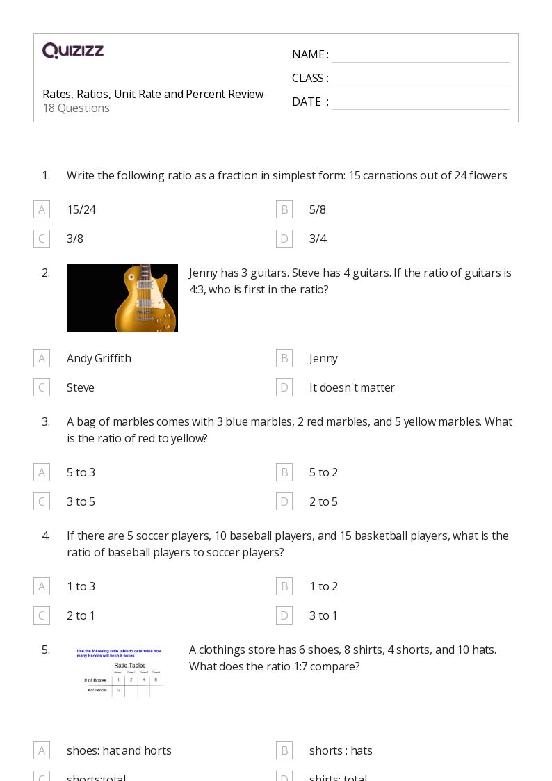 Rates, Ratios, Unit Rate and Percent Review - Printable Percents-ratios-and-rates Worksheets Grade 8 - Quizizz