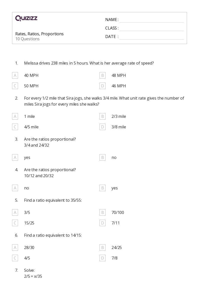 Rates, Ratios, Proportions - Printable Percents-ratios-and-rates Worksheets Grade 8 - Quizizz