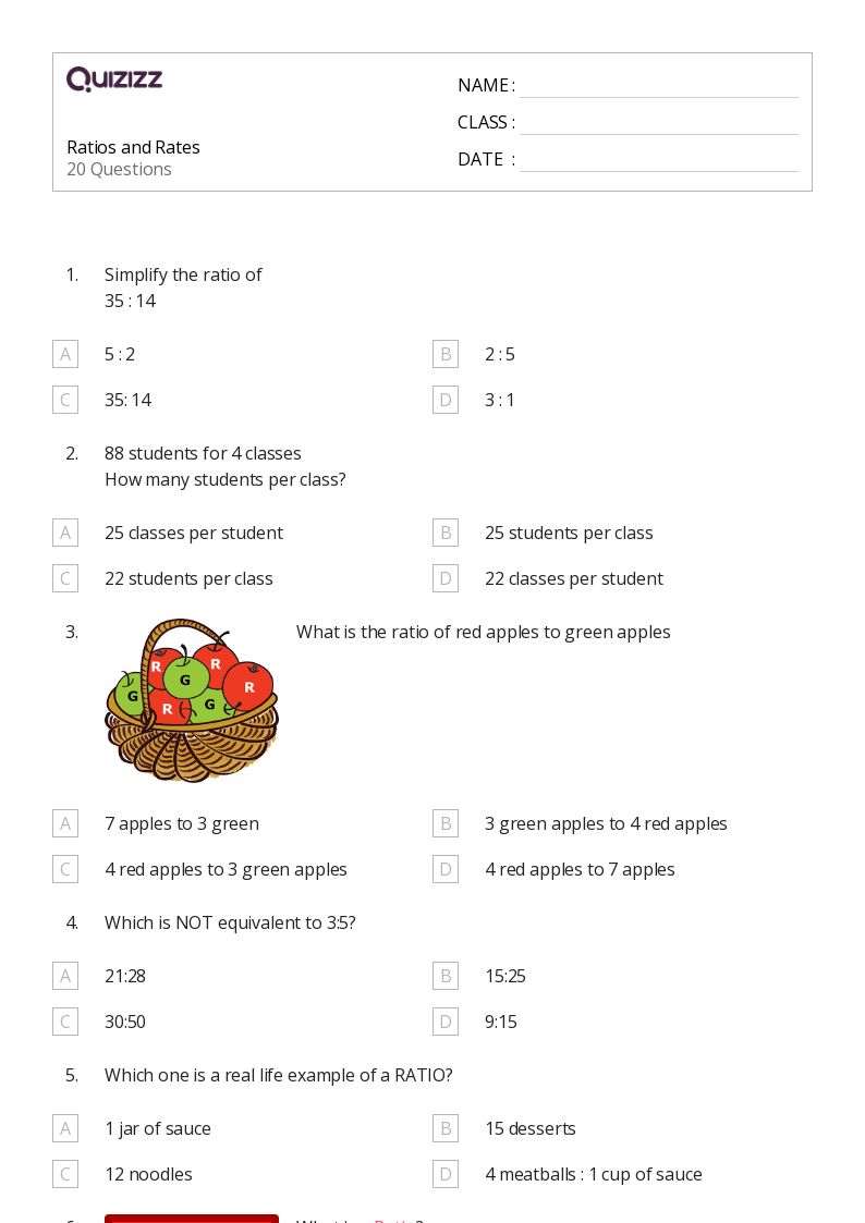 Ratios and Rates - Printable Percents-ratios-and-rates Worksheets Grade 8 - Quizizz