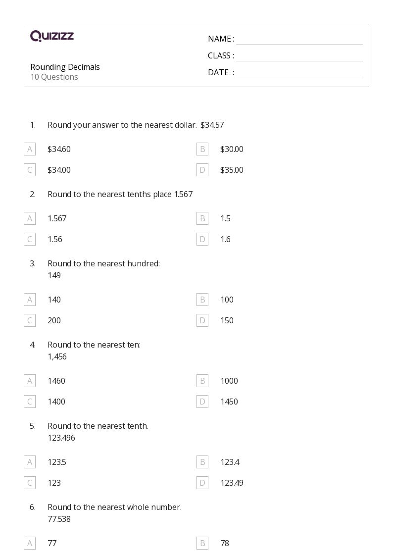 Rounding Decimals - Printable Decimal-numbers Worksheets Grade 3 - Quizizz