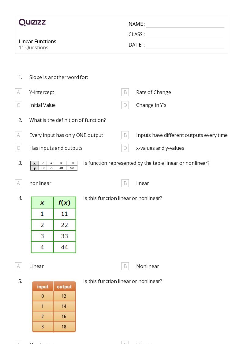 Linear Functions - Printable Linear-functions Worksheets Grade 9 - Quizizz