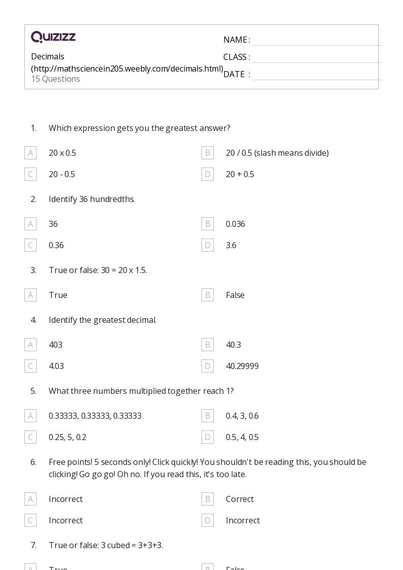 Decimals (http://mathsciencein205.weebly.com/decimals.html) - Printable Decimal-numbers Worksheets Grade 3 - Quizizz