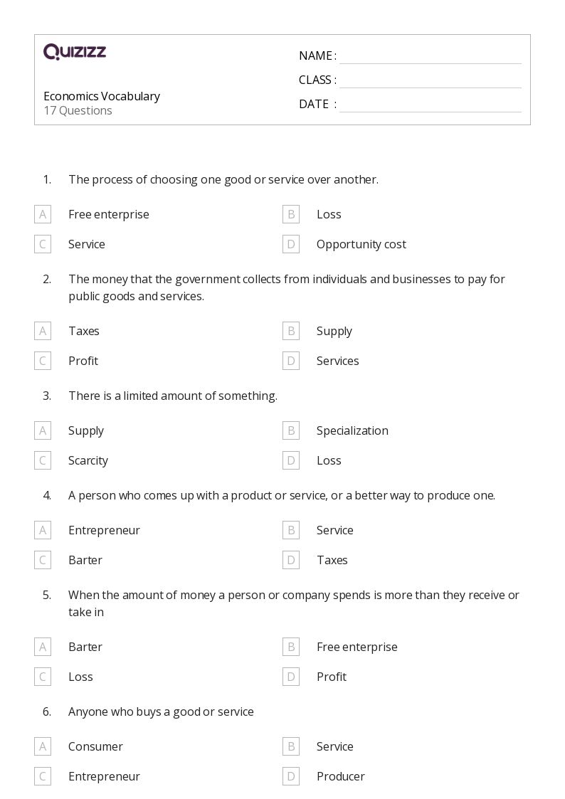 Economics Vocabulary - Printable Social-studies Worksheets Grade 7 - Quizizz