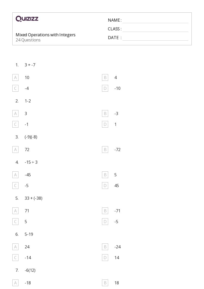 Mixed Operations with Integers - Printable Mixed-operations Worksheets Grade 7 - Quizizz