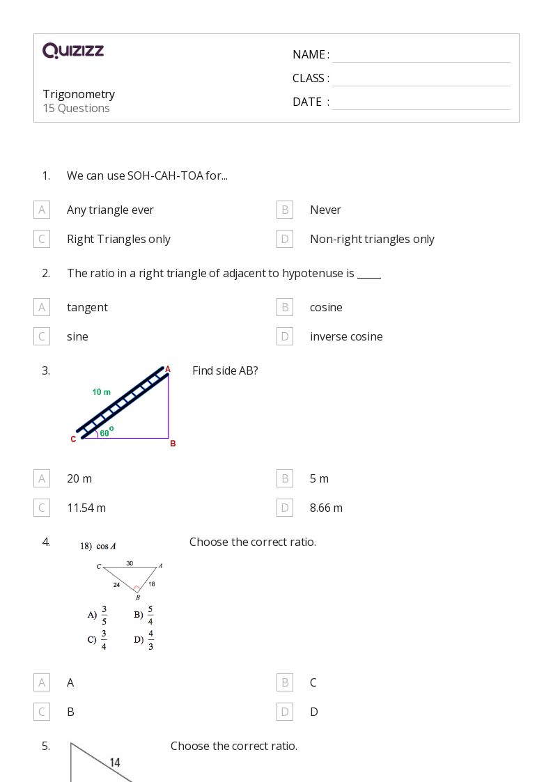 Trigonometry - Printable Trigonometry Worksheets Class 9 - Quizizz