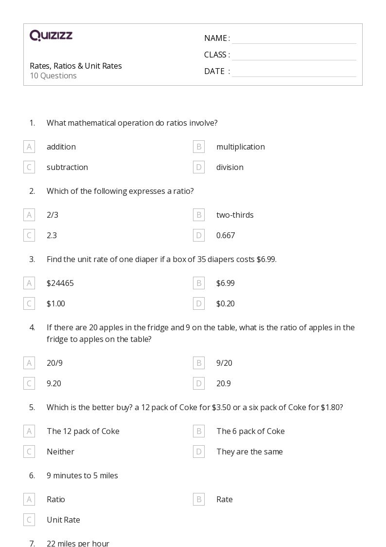 Rates, Ratios & Unit Rates - Printable Percents-ratios-and-rates Worksheets Grade 8 - Quizizz