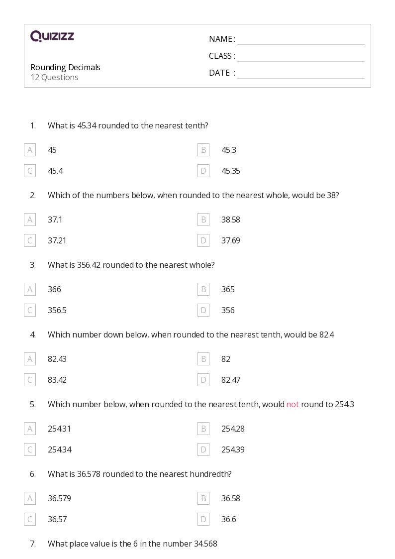 Rounding Decimals - Printable Decimal-numbers Worksheets Grade 3 - Quizizz