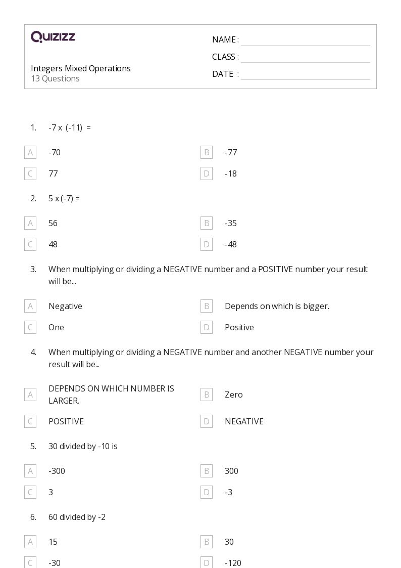 Integers Mixed Operations - Printable Mixed-operations Worksheets Grade 7 - Quizizz