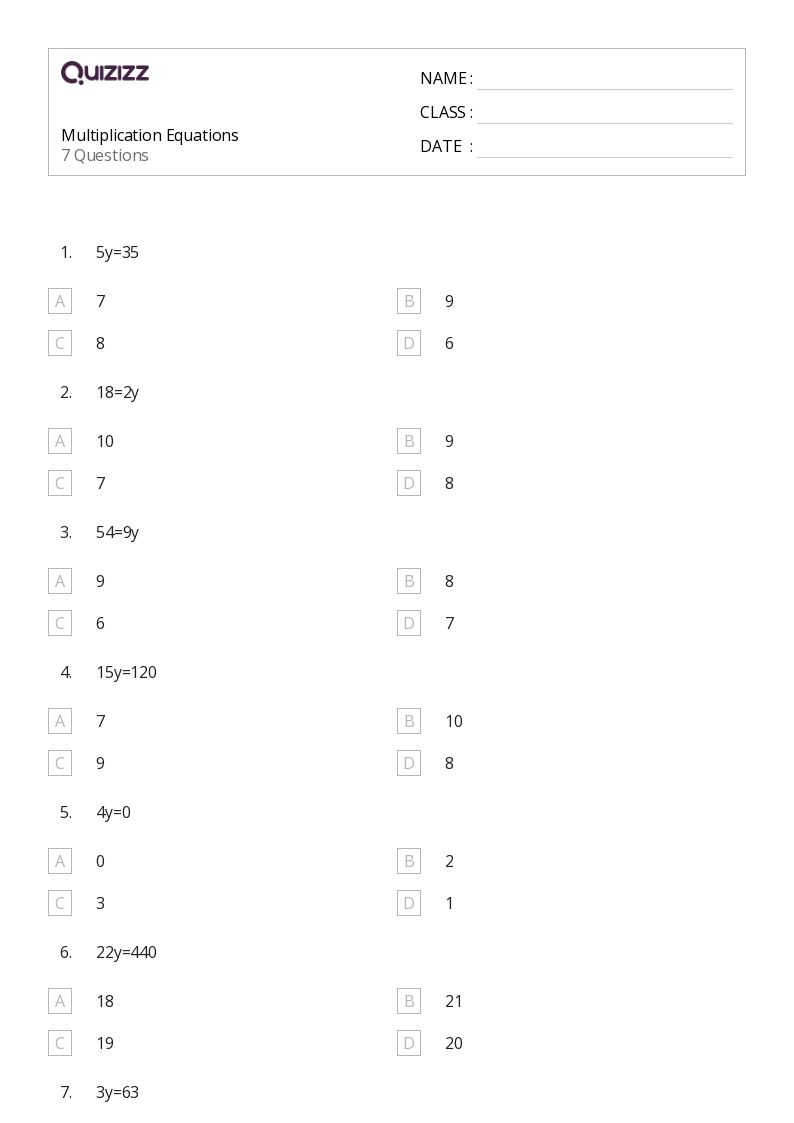 Multiplication Equations - Printable Multiplication Worksheets Grade 8 - Quizizz