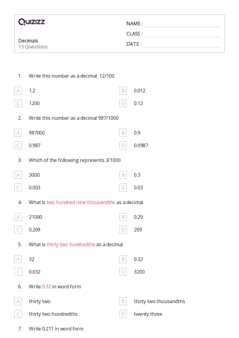 Decimals - Printable Decimal-numbers Worksheets Grade 3 - Quizizz