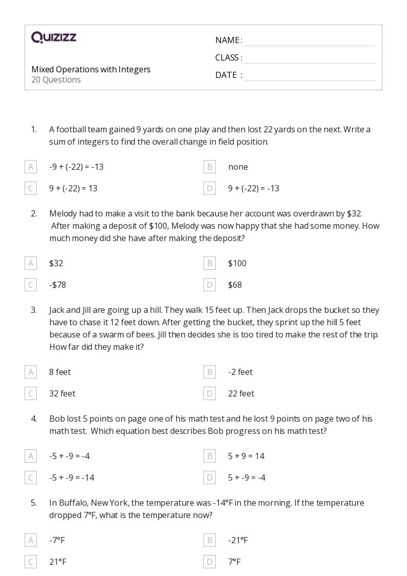 Mixed Operations with Integers - Printable Mixed-operations Worksheets Grade 7 - Quizizz