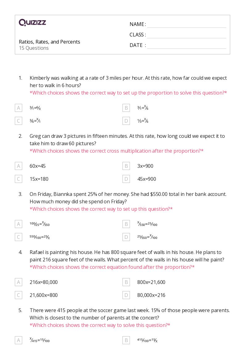 Ratios, Rates, and Percents - Printable Percents-ratios-and-rates Worksheets Grade 8 - Quizizz