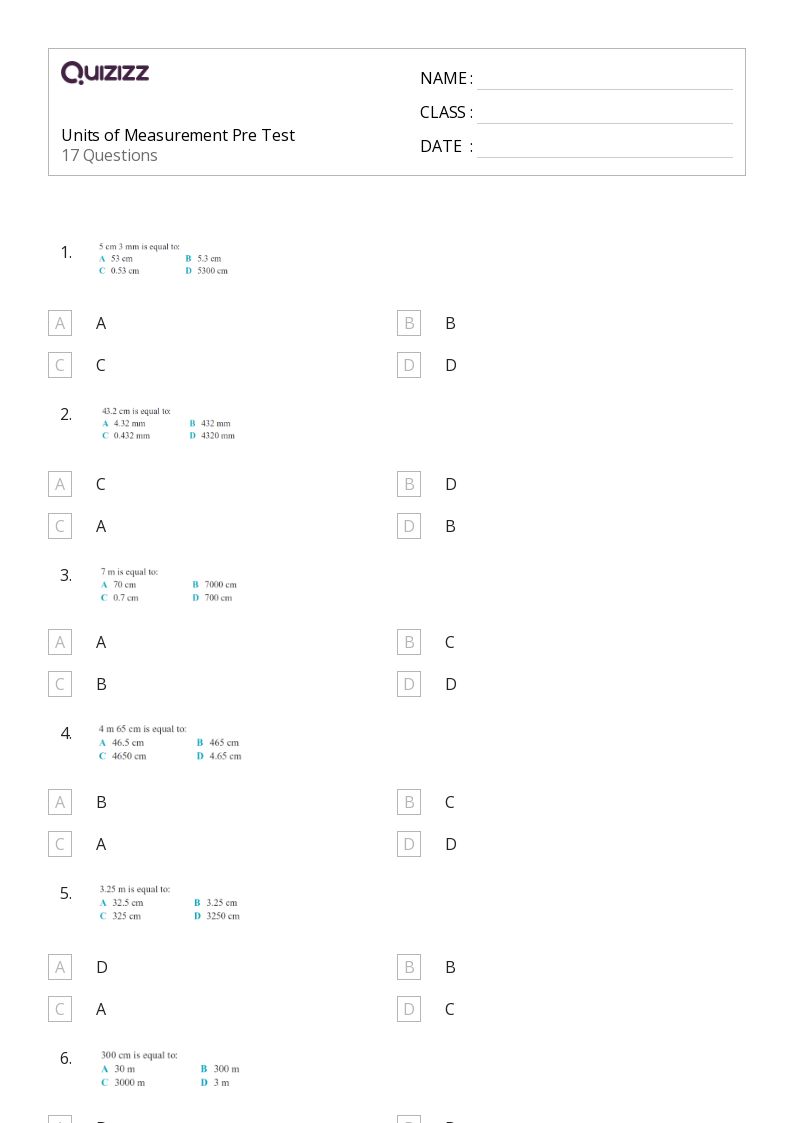 Units of Measurement Pre Test - Printable Units-of-measurement Worksheets Grade 7 - Quizizz