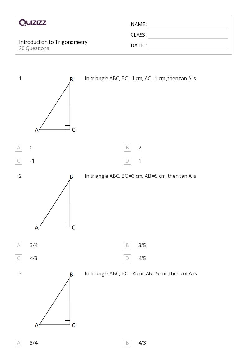 Introduction to Trigonometry - Printable Trigonometry Worksheets Class 9 - Quizizz