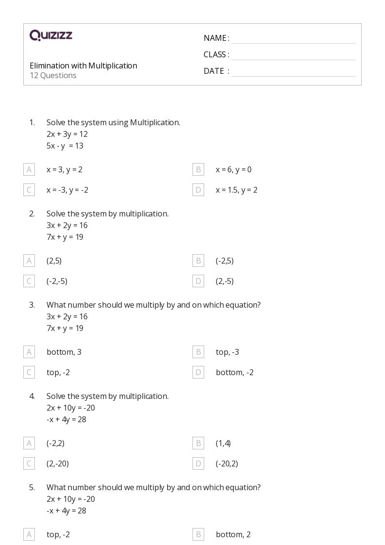 Elimination with Multiplication - Printable Multiplication Worksheets Grade 8 - Quizizz