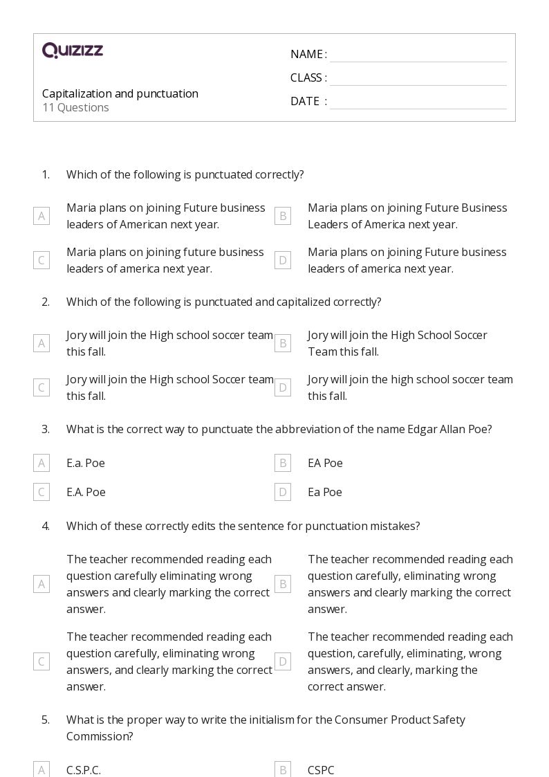 Capitalization and punctuation - Printable Punctuation Worksheets Grade 7 - Quizizz