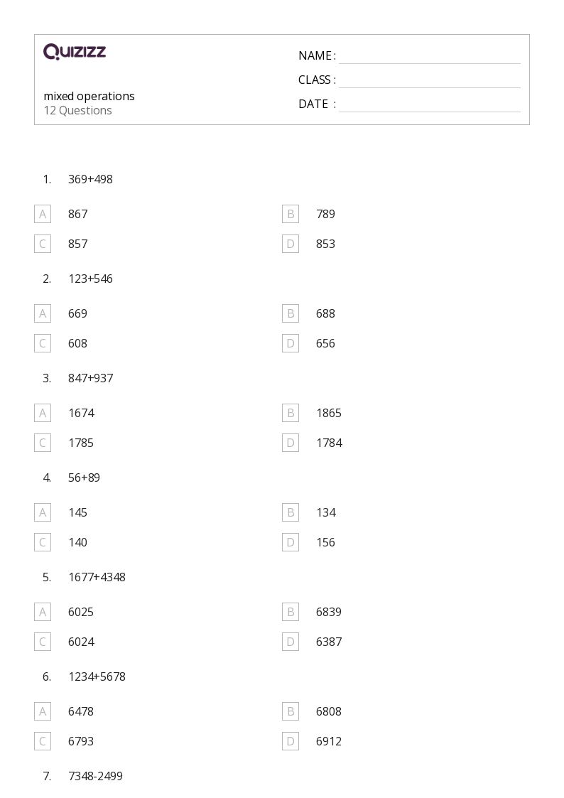 mixed operations - Printable Mixed-operations Worksheets Grade 7 - Quizizz