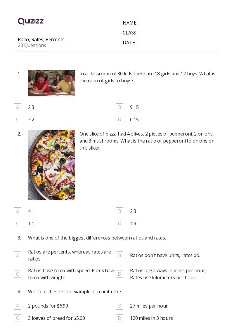 Ratio, Rates, Percents - Printable Percents-ratios-and-rates Worksheets Grade 8 - Quizizz