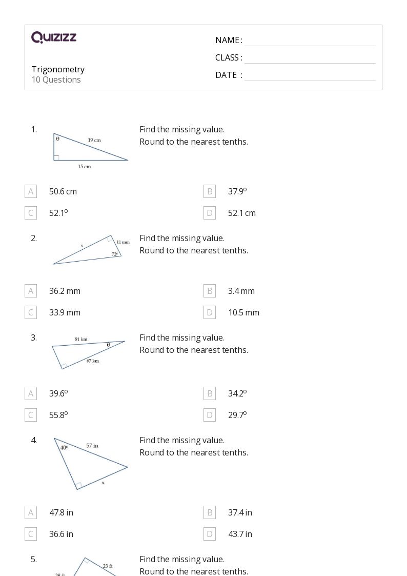 Trigonometry - Printable Trigonometry Worksheets Class 9 - Quizizz