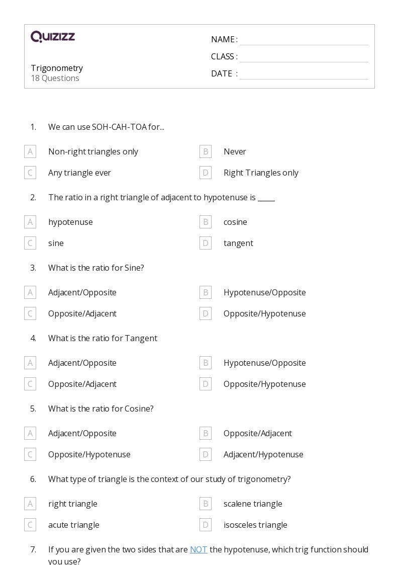 Trigonometry - Printable Trigonometry Worksheets Class 9 - Quizizz