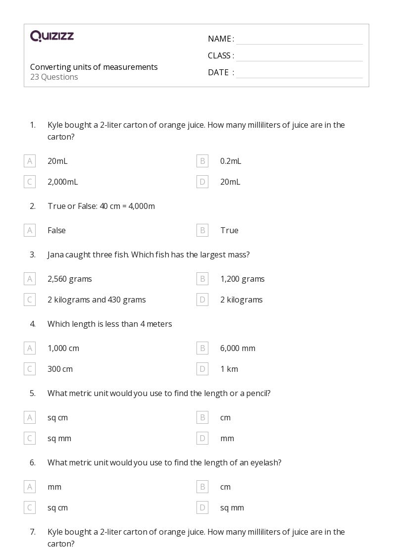 Converting units of measurements - Printable Units-of-measurement Worksheets Grade 7 - Quizizz