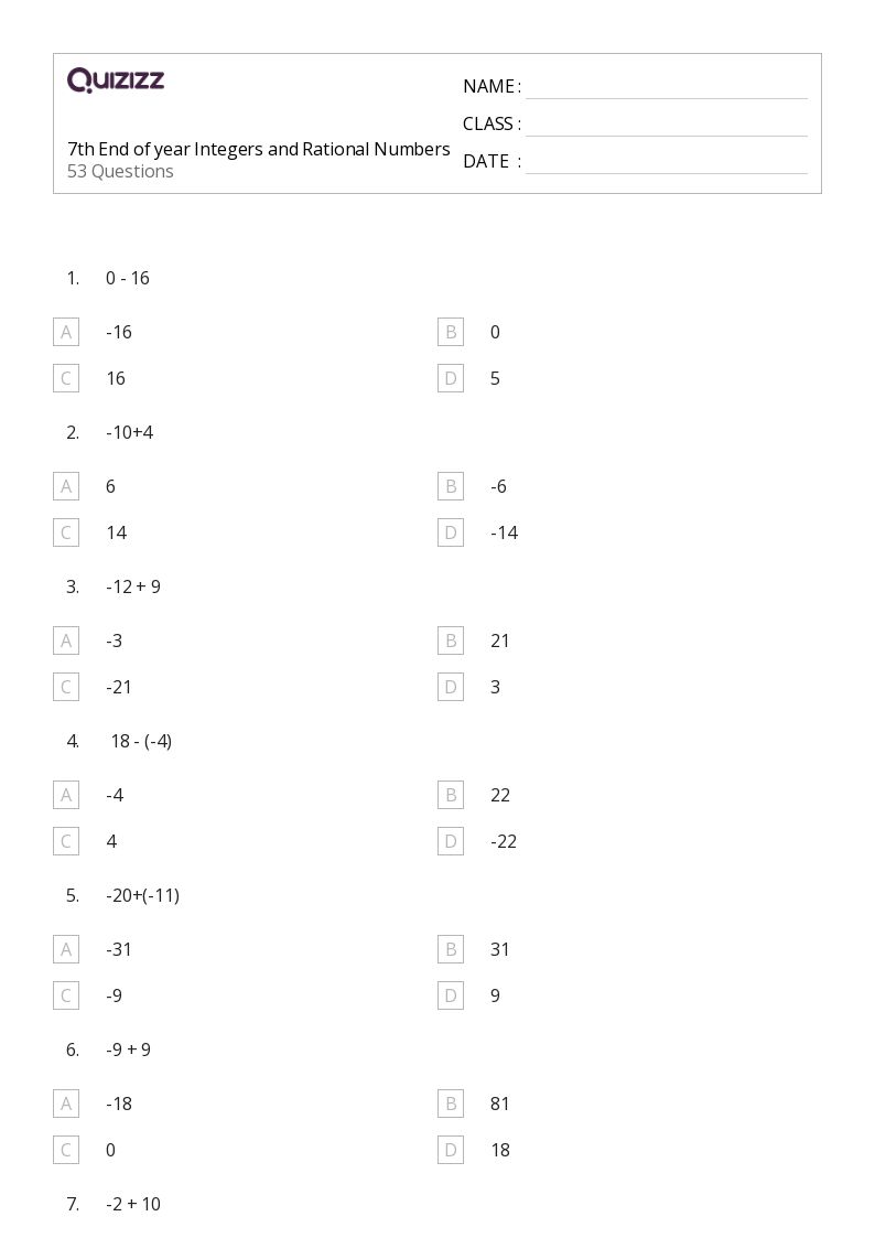 7th End of year Integers and Rational Numbers - Printable Integers-and-rational-numbers Worksheets Grade 8 - Quizizz