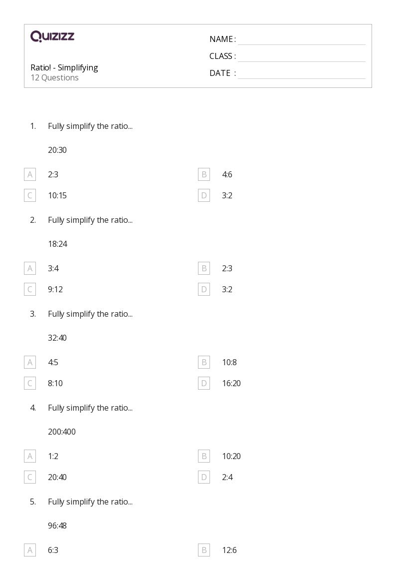 Ratio! - Simplifying - Dapat dicetak Persen-rasio-dan-tarif Lembar-kerja Kelas 3 - Quizizz