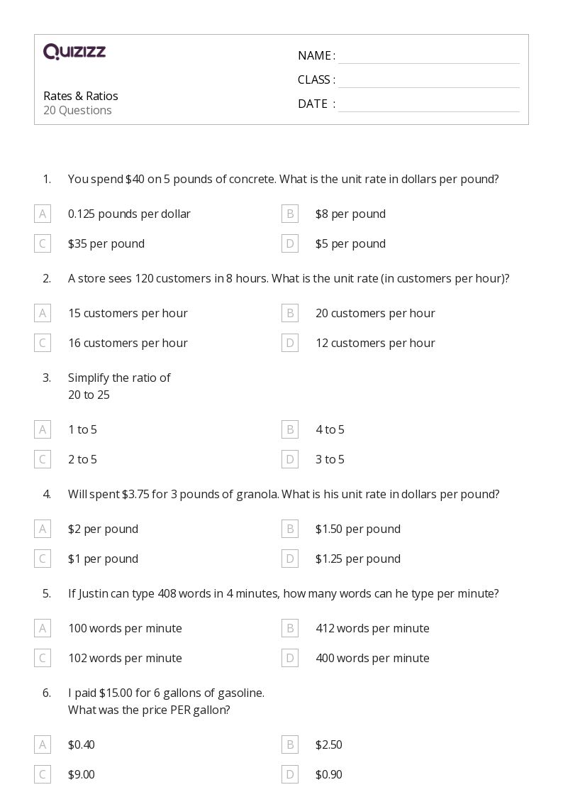 Rates & Ratios - Printable Percents-ratios-and-rates Worksheets Grade 8 - Quizizz