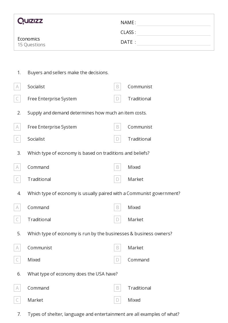 Economics - Printable Social-studies Worksheets Grade 7 - Quizizz