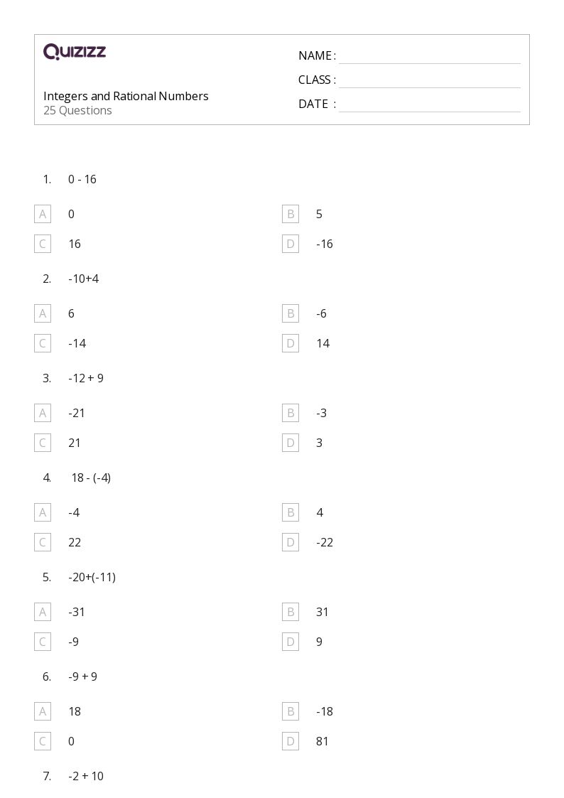 Integers and Rational Numbers - Printable Integers-and-rational-numbers Worksheets Grade 8 - Quizizz