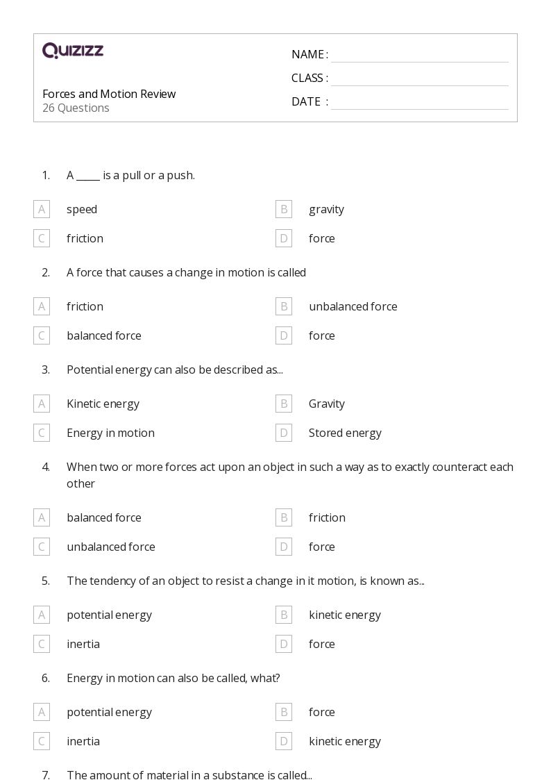 Forces and Motion Review - Imprimible Forces-and-motion Worksheets - Quizizz