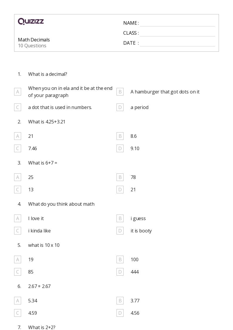 Math Decimals - Printable Decimal-numbers Worksheets Grade 3 - Quizizz