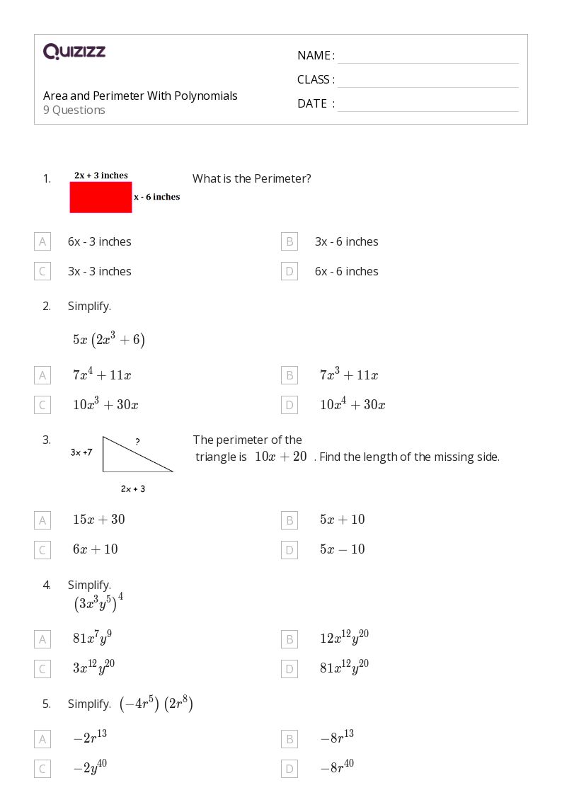 Area and Perimeter With Polynomials - Printable Area-and-perimeter Worksheets Grade 9 - Quizizz