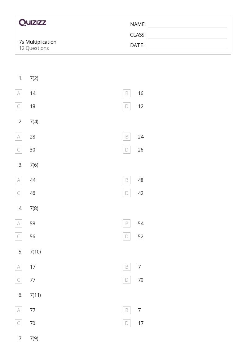 7s Multiplication - Printable Multiplication Worksheets Grade 8 - Quizizz