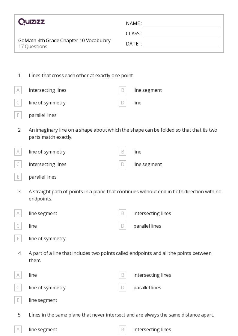 GoMath 4th Grade Chapter 10 Vocabulary - Printable Parallel-and-perpendicular-lines Worksheets Grade 5 - Quizizz