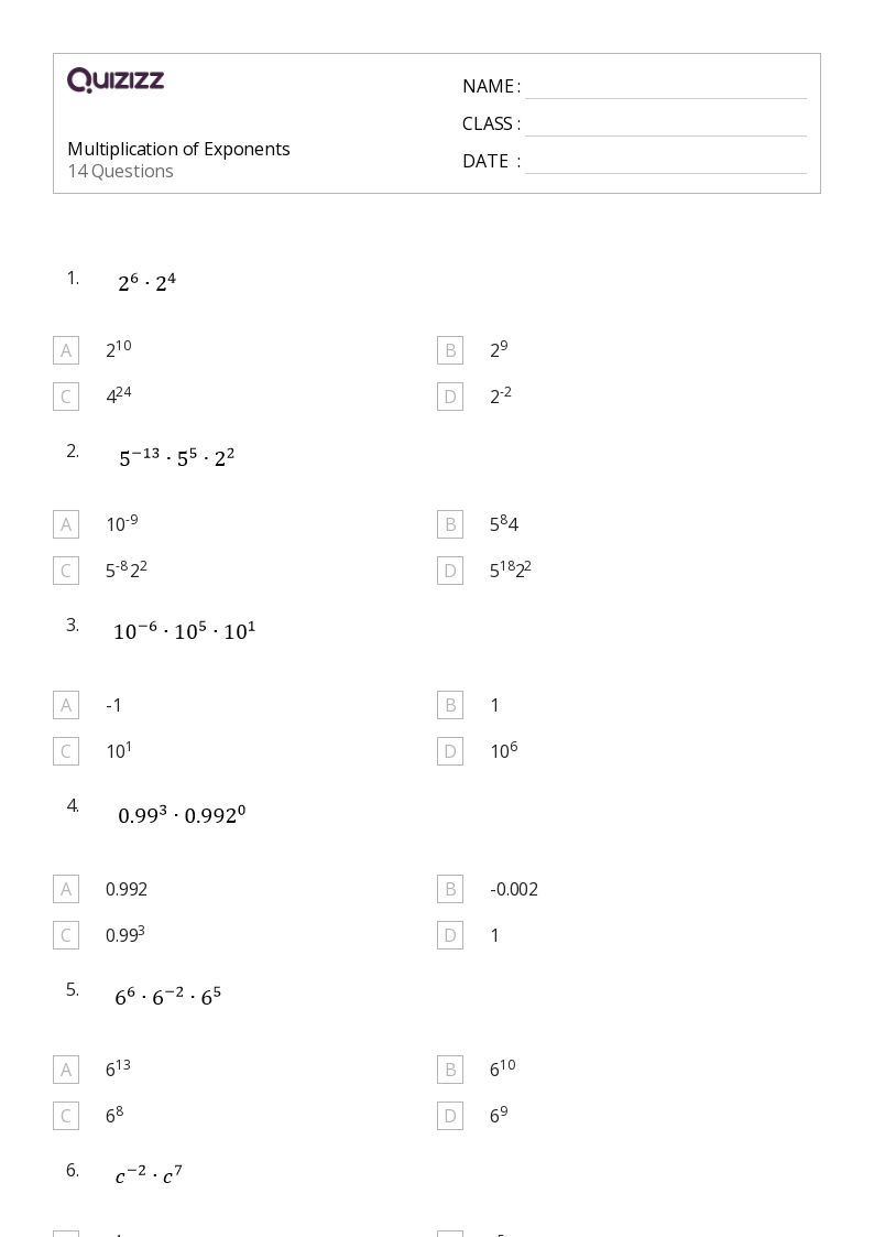 Multiplication of Exponents - Printable Multiplication Worksheets Grade 8 - Quizizz