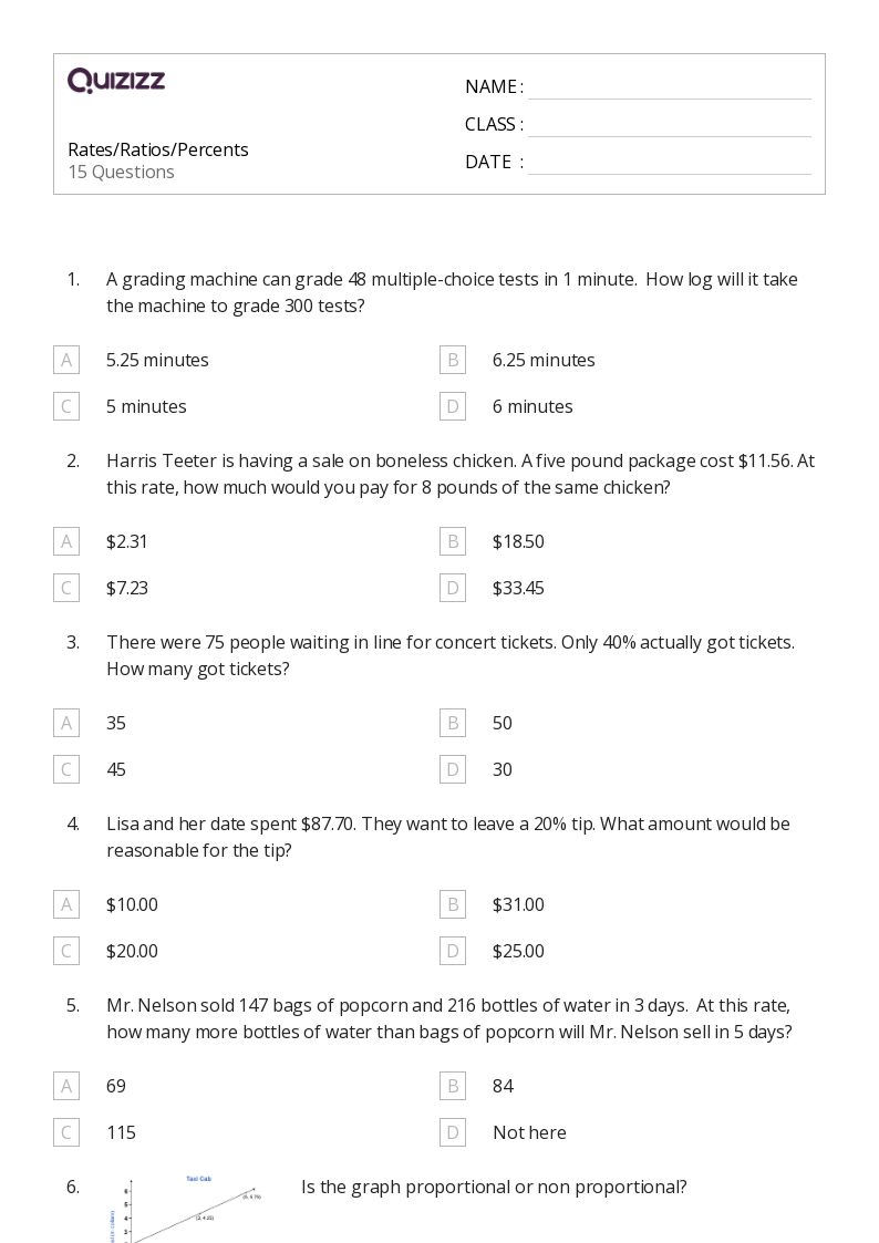 Rates/Ratios/Percents - Printable Percents-ratios-and-rates Worksheets Grade 8 - Quizizz