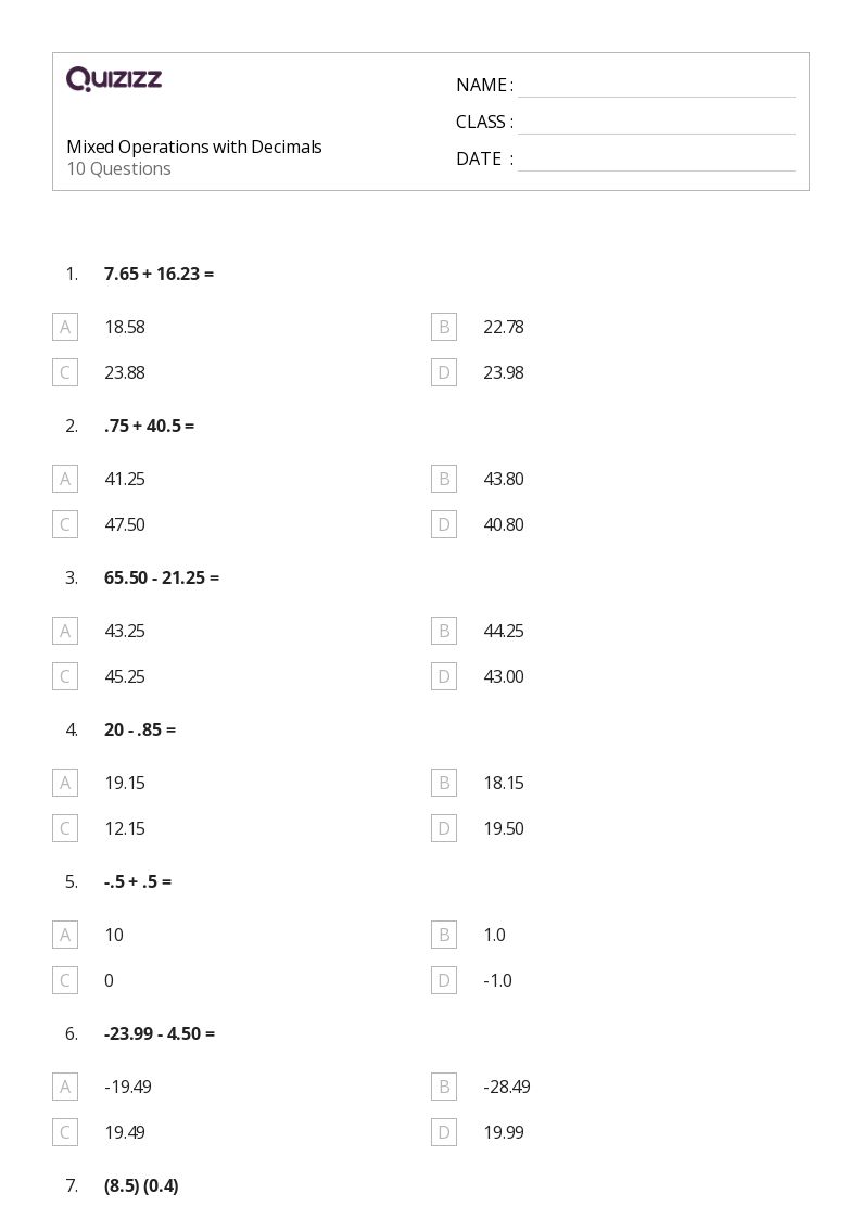 Mixed Operations with Decimals - Printable Mixed-operations Worksheets Grade 7 - Quizizz