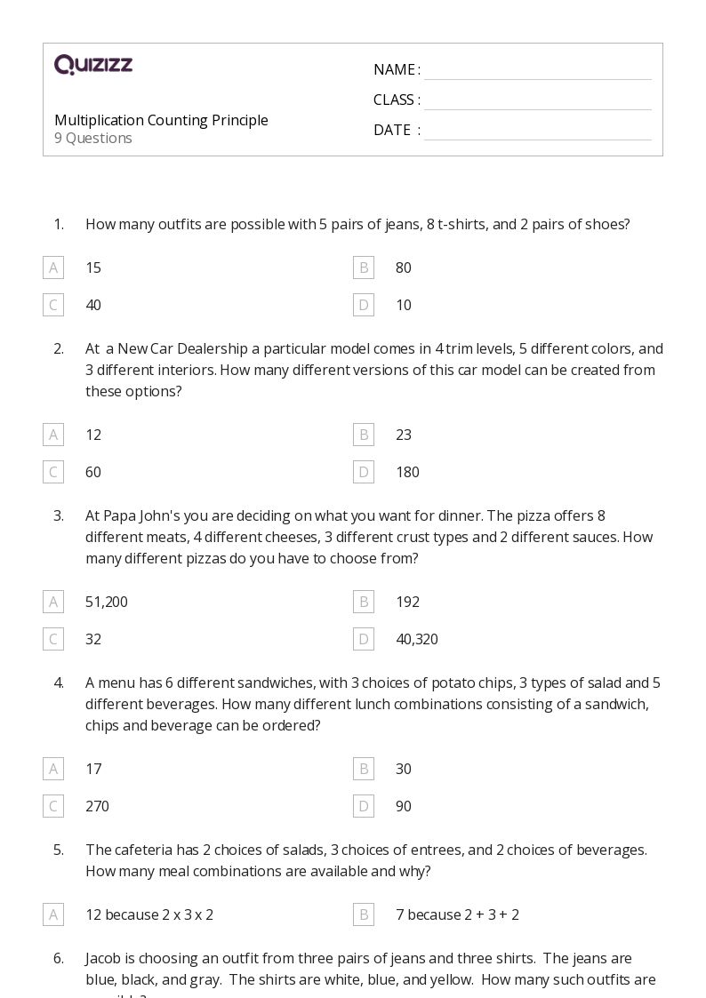 Multiplication Counting Principle - Printable Multiplication Worksheets Grade 8 - Quizizz